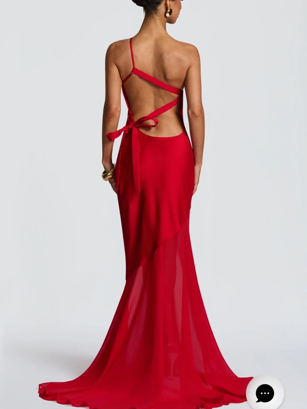 Red One-Shoulder Satin Dress with Side Tie - Picture 3 of 4